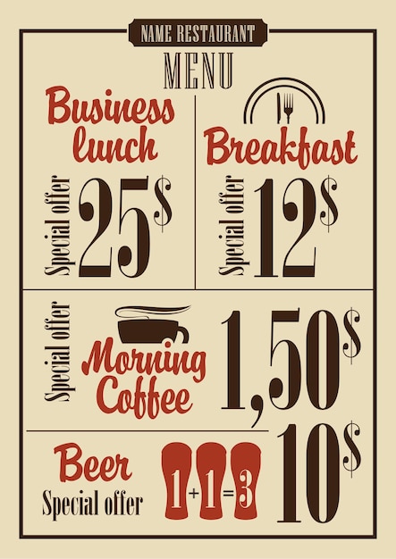 retro price list for restaurant menu