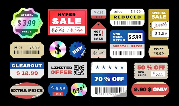 Retro prijskaartje Vintage korting en doodle holografische sticker Grunge oude ronde promotionele label mockup Geïsoleerde verpakking gescheurde badge Verkoop en beperkte aanbieding iconen Vector gescheurde winkelborden set