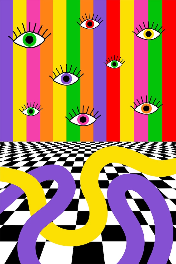 Vector retro psychedelic hippie poster 70s abstract covers with rainbows floating eye and geometric shapes