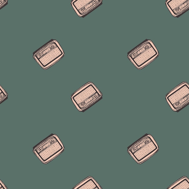 Retro radio engraved seamless pattern Vintage media equipment in hand drawn style