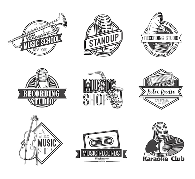 Vector retro radio label recording studio logos stand up badge and music shop emblems