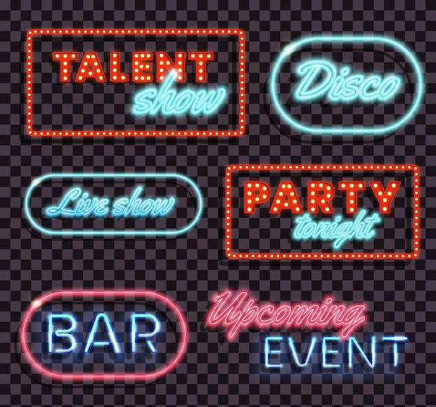 Retro realistic set of isolated neon lightboxes with different font on dark transparent background vector illustration