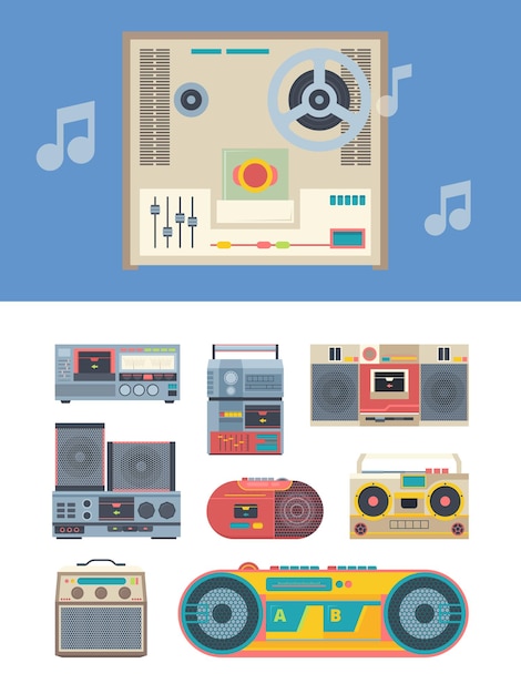 Vector retro recorder. portable vintage audio players music gadgets collection. 80-s style isolated