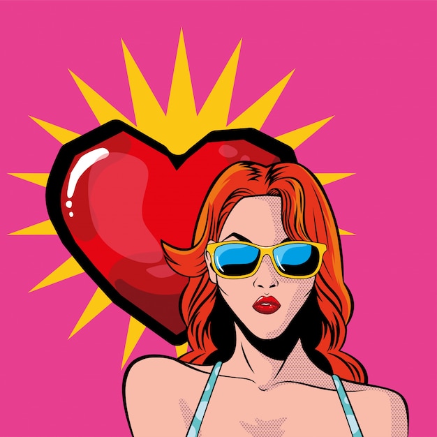 Retro red hair woman cartoon with glasses and heart vector