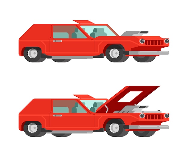 Retro red muscle car with open and close hood, auto tuning