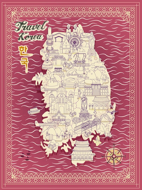 Retro reiskaart van Zuid-Korea in dunne lijnstijl - Korea in Koreaanse woorden linksboven