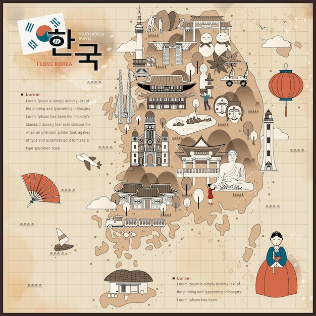 Retro reiskaart van zuid-korea in vlakke stijl - korea in koreaanse woorden linksboven
