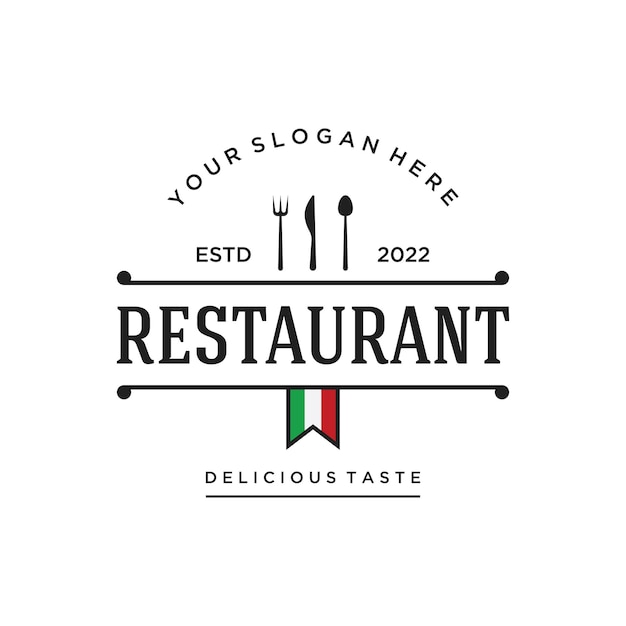 Vector retro restaurant emblemlogo bestek ontwerpsjabloon en met de hand getekende vintage stijl restaurant typografie