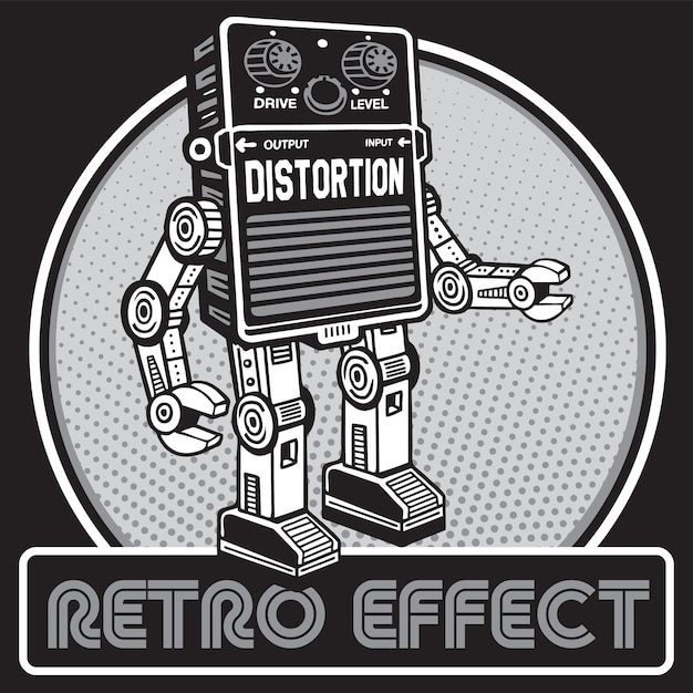 Retro mascotte del robot nel disegno del carattere dell'effetto di distorsione della chitarra