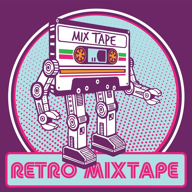 Retro Robot-mascotte in Mixtape Cassette Character Design