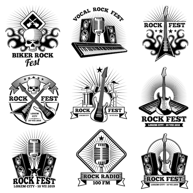 Retro rock n roll band labels. grunge rocks party festival labels