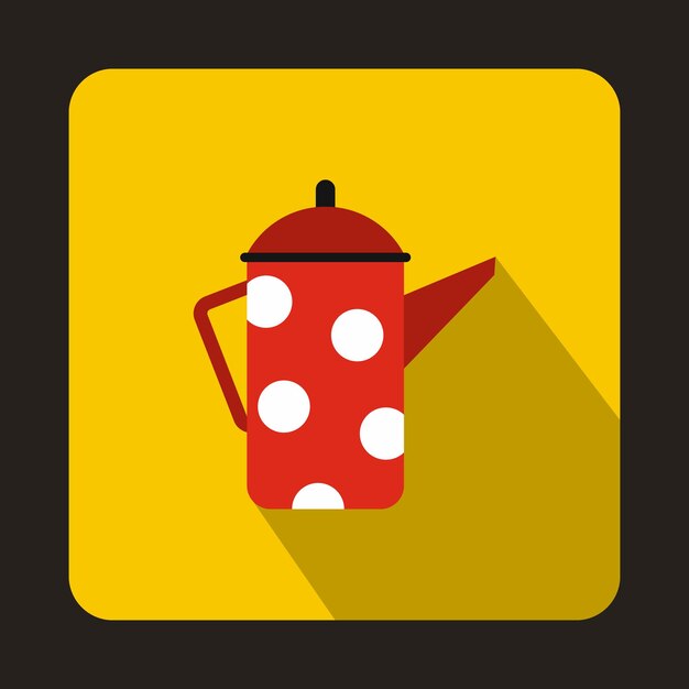 Retro rode koffieketel met witte stippen icoon in platte stijl op een gele achtergrond