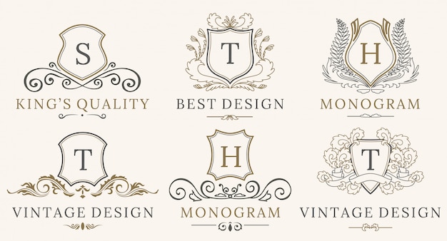 Vector retro royal vintage shields logotype set. vector calligraphy luxury logo design elements.