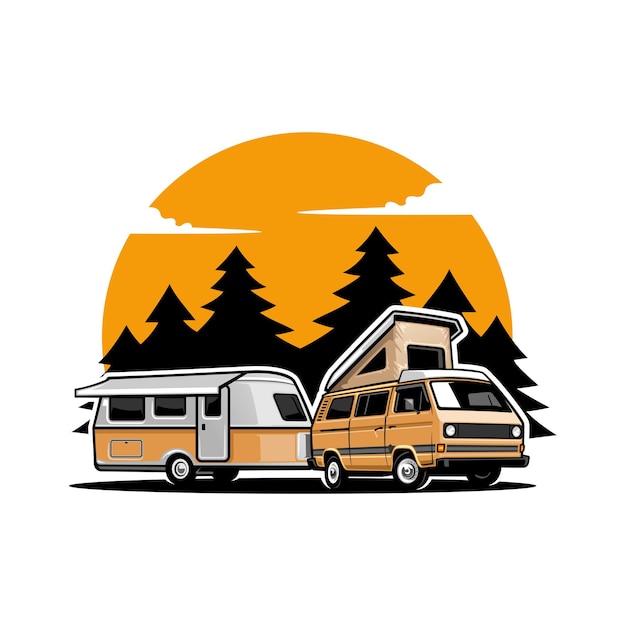 retro RV car with camper trailer illustration vector image