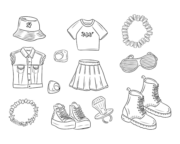 Abbigliamento retro con accessori in stile doodle