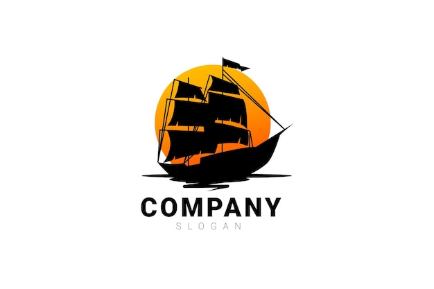 Retro sailing ship against sun logo design