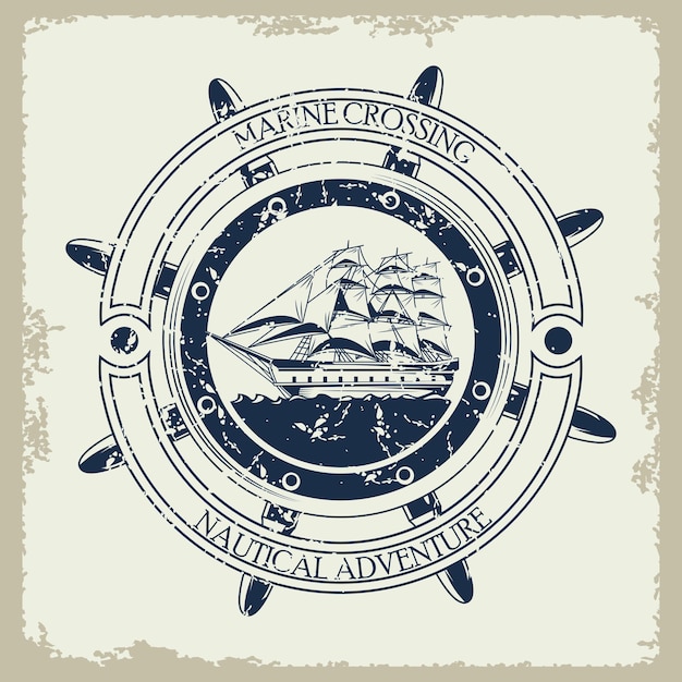 Vector retro sailing ship nautical gray vintage emblem icon  illustration