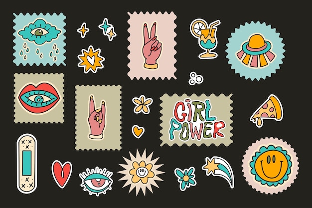 Retro schattige cartoon hippie groovy vector sticker set