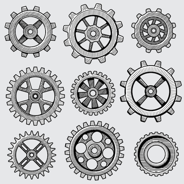 Retro schets mechanische versnellingen. de hand getrokken uitstekende delen van het radertjewiel van de vectorillustratie van de fabrieksmachine