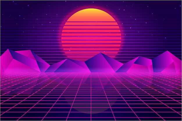 레트로 공상 과학 미래 벡터, 배경 1980 년대 및 1990 년대 스타일 3d 그림. 디지털 풍경