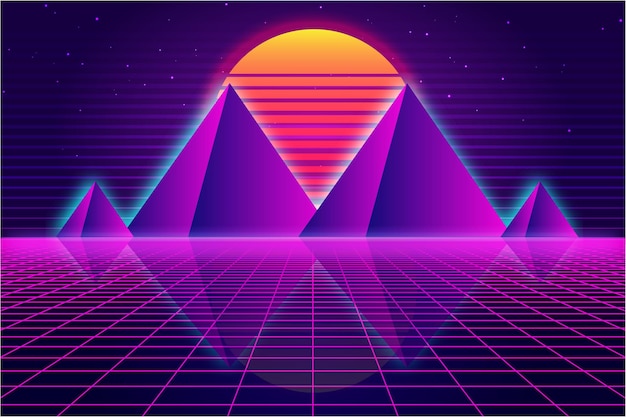 Retro sci-fi futuristic vector, background 1980s and 1990s style 3d illustration. digital landscape