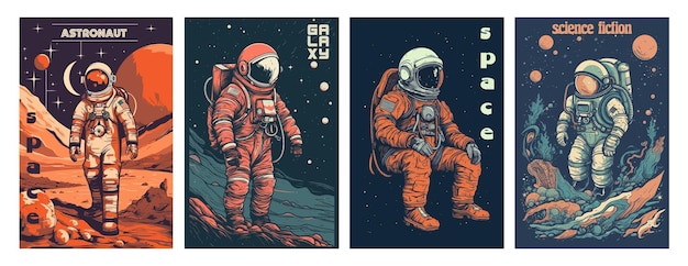 레트로 공상과학 소설: 화성의 우주 탐사 장면과 우주비행사 일러스트레이션 포스터 디자인 세트