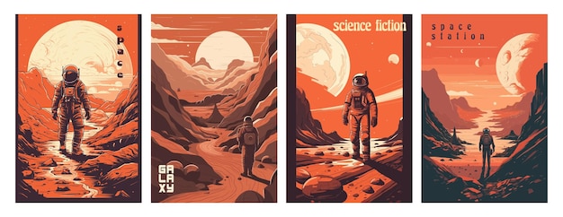 Retro science fiction a space exploration scene on Mars and astronaut illustration poster design set