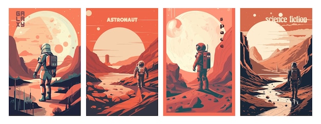 Retro science fiction a space exploration scene on Mars and astronaut illustration poster design set