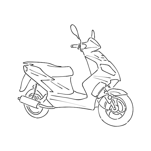 Retro scooter hand drawn ink line art moped vector illustration isolated on white