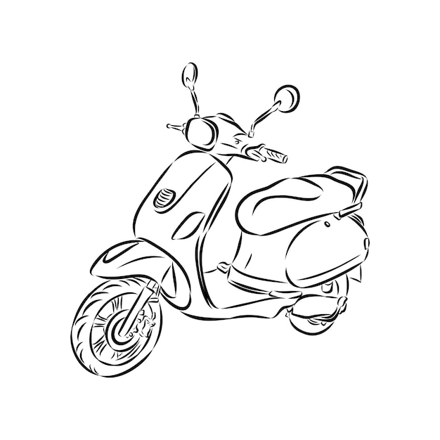 Retro scooter hand drawn ink line art moped vector illustration isolated on white