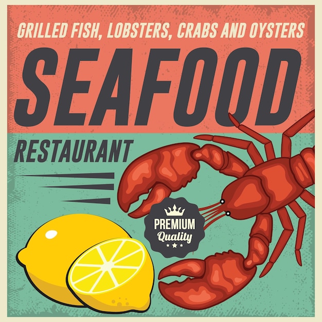 Retro seafood restaurant retro promo poster vector template