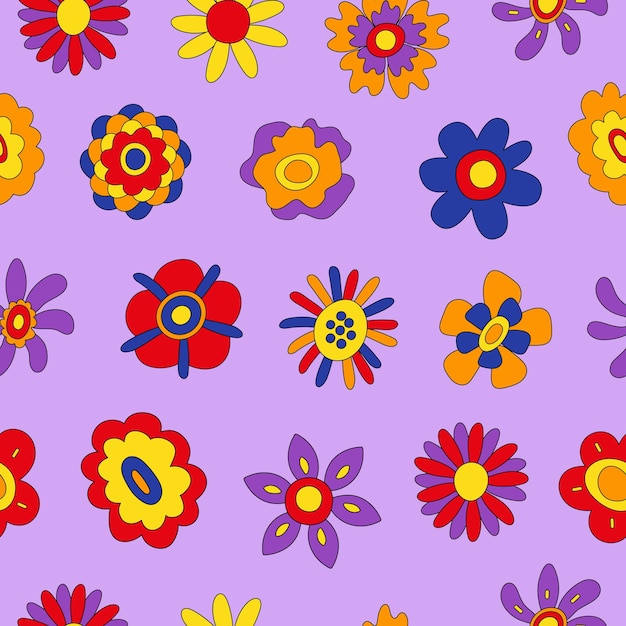 Vector retro seamless pattern of colorful hippie flowers on a purple background