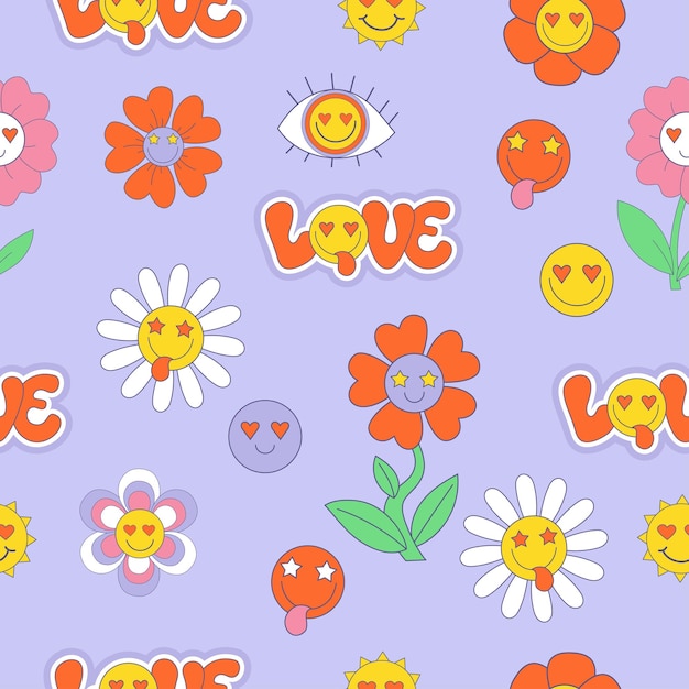 Retro seamless pattern with 70s 80s 90s vibes groovy elements funky flower power, smile face