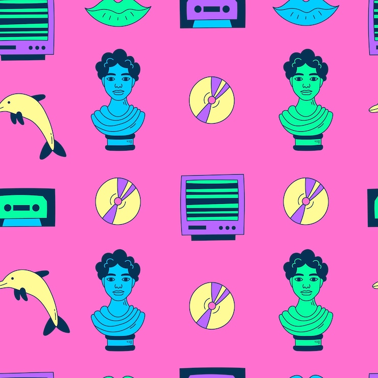 Vector retro seamless pattern with 90s cartoon elements vaporwave vintage background vector illustration