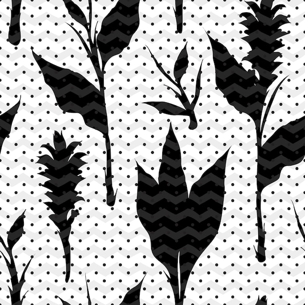 Retro seamless pattern with black tropical leaves and flowers silhouette shadow on white background Vintage fabric textile fashion summer print design