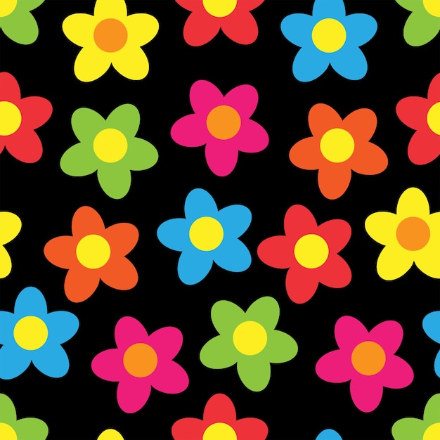 Retro seamless pattern with bright colors and black background