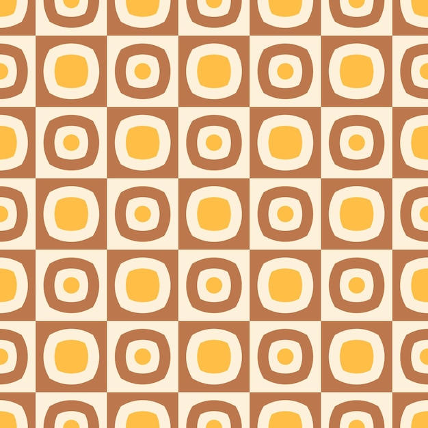 茶色と黄色の市松模様と円を持つレトロなシームレス パターン
