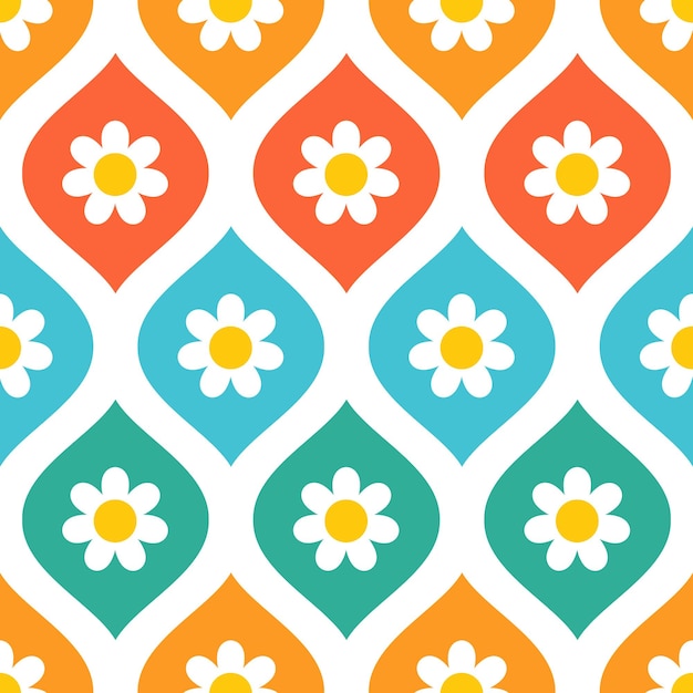 Retro seamless pattern with colorful shapes and cute daisies