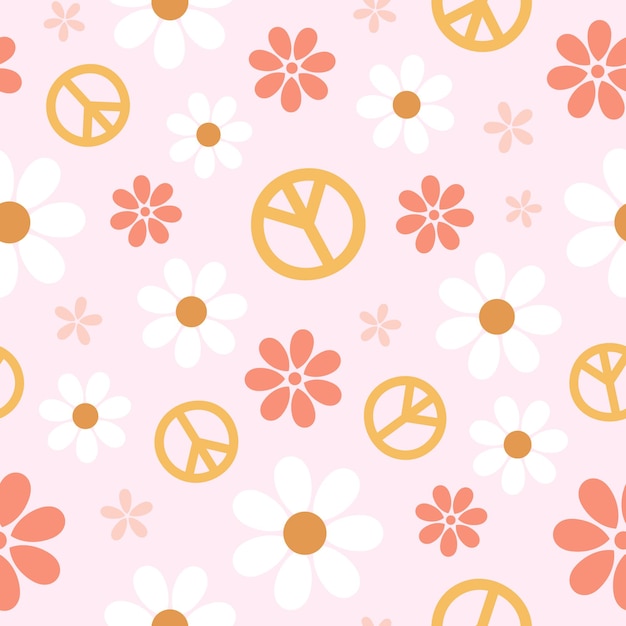 Retro seamless pattern with daisy flowers and peace signs