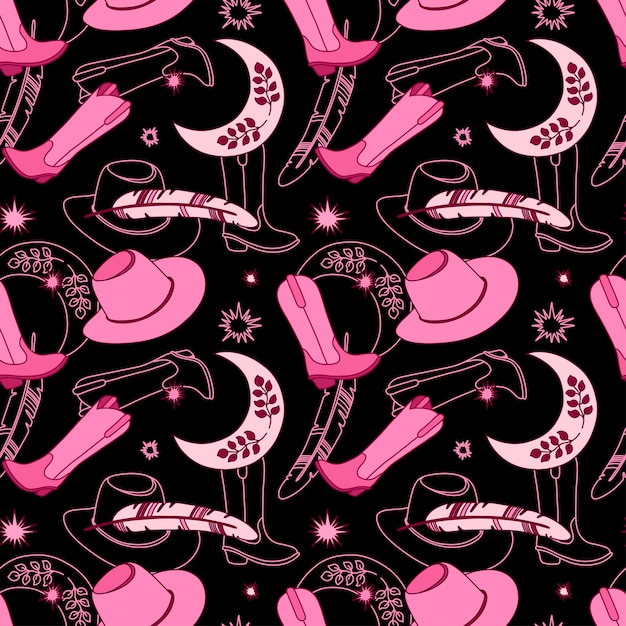 Vector retro seamless pattern with different cowgirl details boots hat moon stars feather wild west fashion