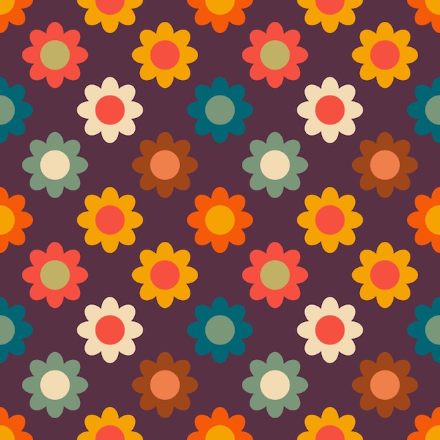 Vector retro seamless pattern with flowers in 60s style