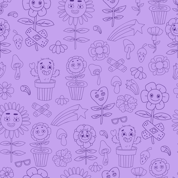 Retro seamless pattern with groovy element in linear doodle style Cartoon characters with faces