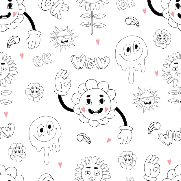 Retro seamless pattern with groovy elements Linear drawn doodle style Cartoon characters with faces