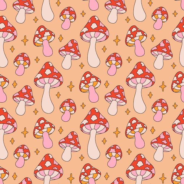 Retro seamless pattern with mushrooms and stars in hippie style