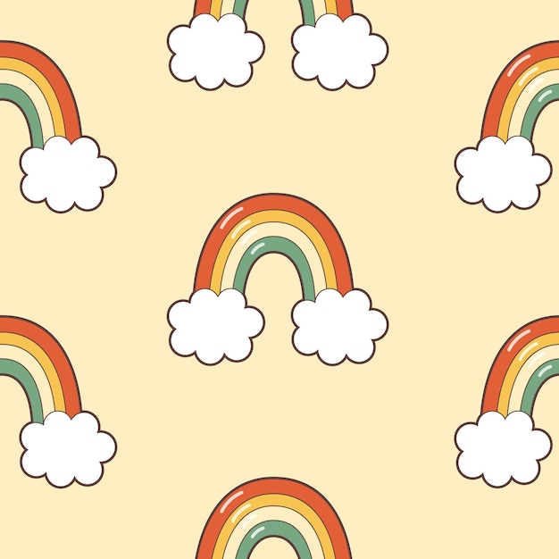 Retro seamless pattern with rainbow 70s style. flat vector illustration