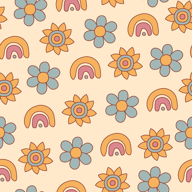 Retro seamless pattern with rainbow and flower