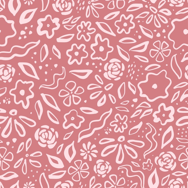retro seamless pattern with sketched floral elements on pink background for prints wallpapers