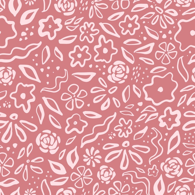 Retro seamless pattern with sketched floral elements on pink background for prints wallpapers