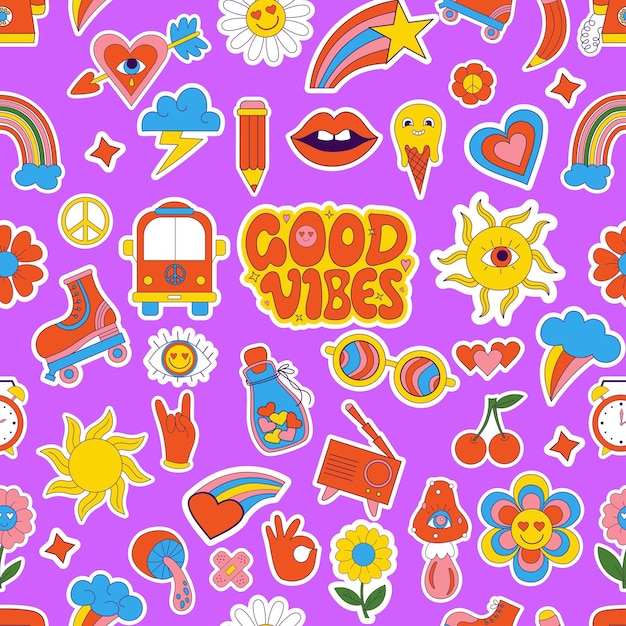 Retro Seamless pattern with vibes groovy element Nostalgia sticker radio bus Good funky flower power