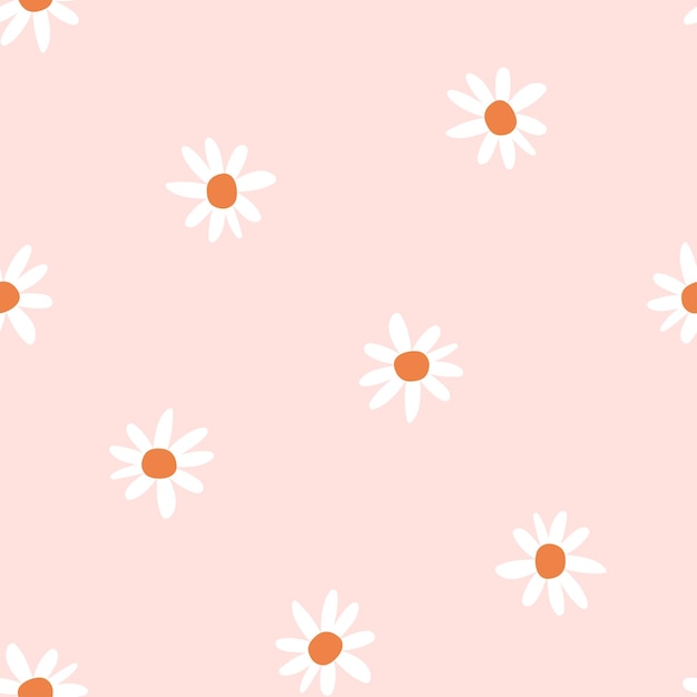 Vector retro seamless pattern with white daisies and pink background